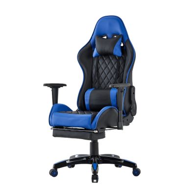 Etna gaming krēsls ar vibro masāžas spilvenu, regulējamu augstumu un ergonomisku dizainu – ideāls spēļu entuziastiem, garajiem datorā pavadītajiem laikiem un mājas birojam, zils